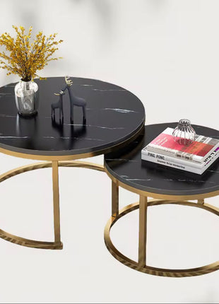 Table Basse en Marbre Noir – Pieds Dorés – Ensemble de 2