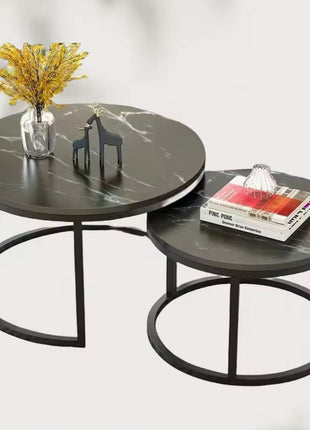 Table Basse en Marbre Noir – Pieds Noirs – Ensemble de 2