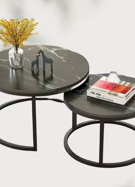 Table Basse en Marbre Noir – Pieds Noirs – Ensemble de 2