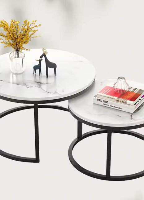 Table Basse en Marbre Blanc – Pieds Noirs – Ensemble de 2